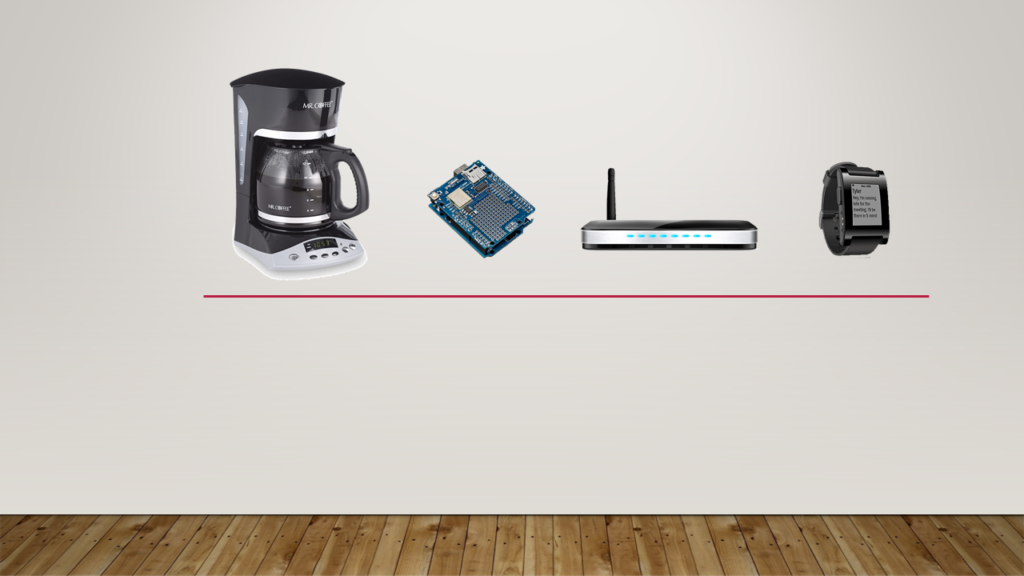 A diagram showing a coffee pot, arduino, router, and watch. The watch contacts the router which switches on the arduino which turns on the coffee pot.