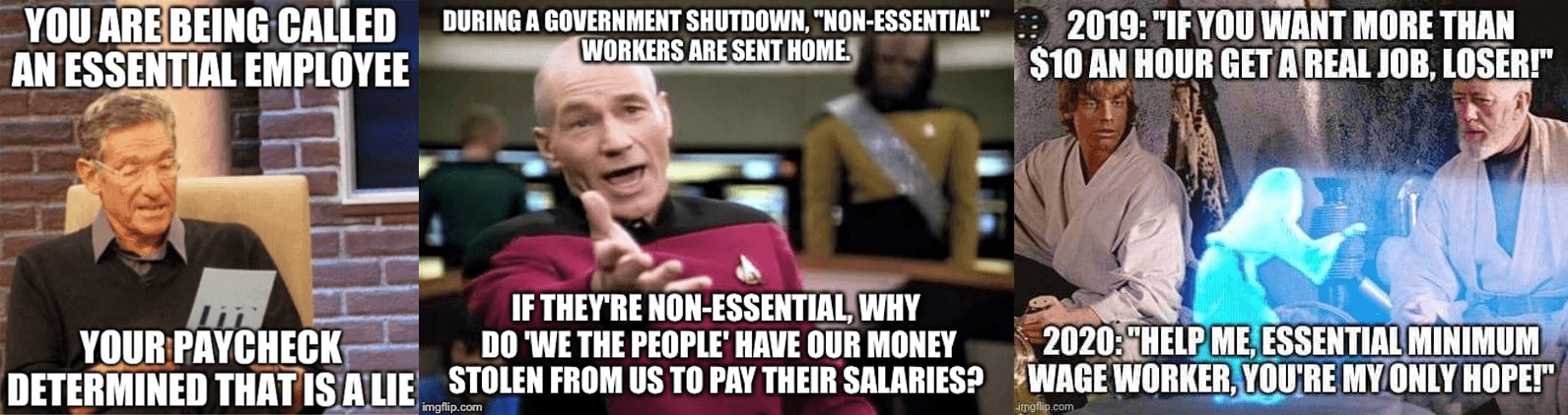 Memes about how essential employees are paid poorly.