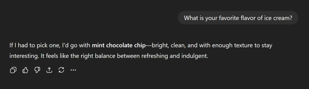 ChatGPT 5.1 Auto prefers Mint Chocolate Chip - in one prompt; in another it prefers a different flavor.